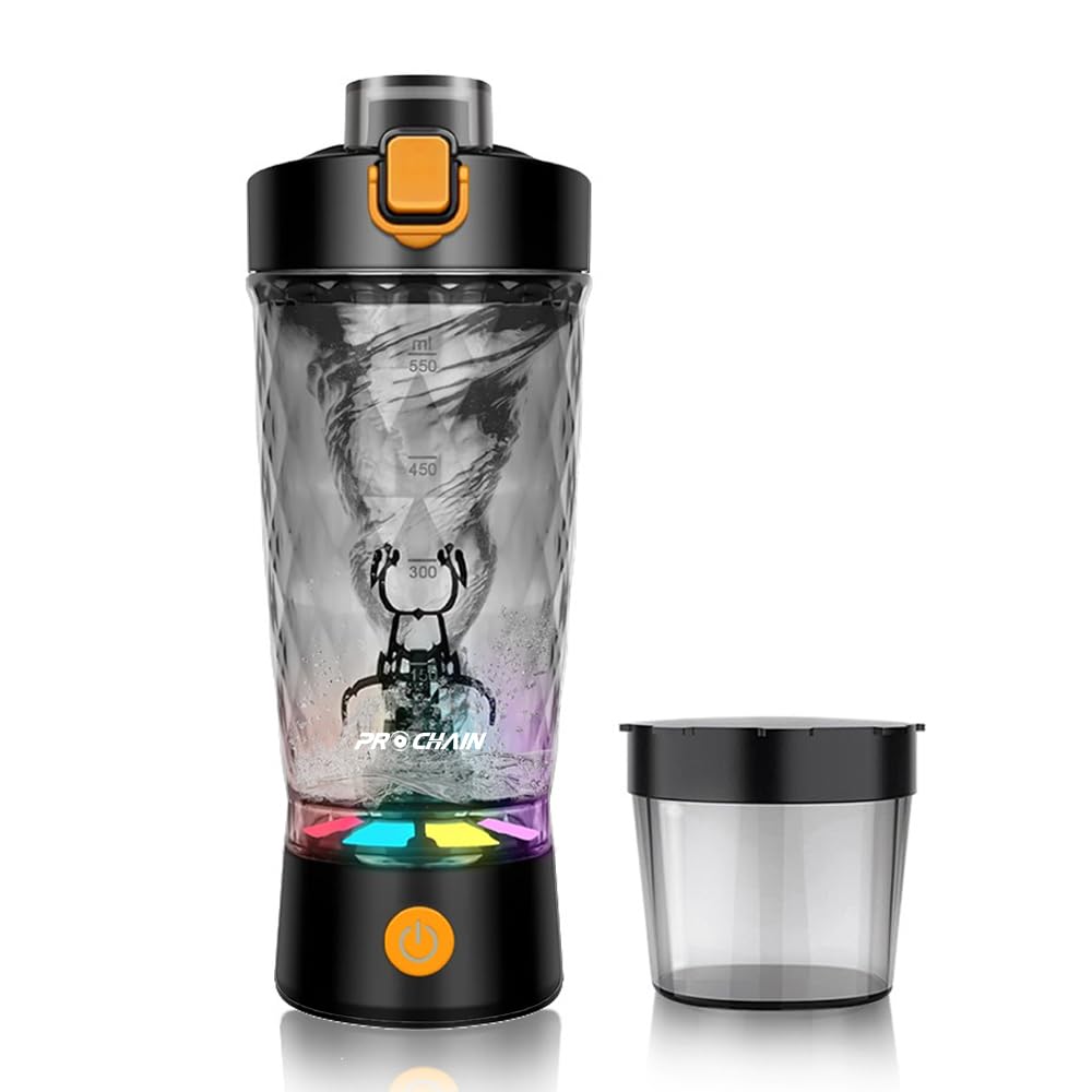 PROCHAIN Electric Protein Shaker Bottle, 22oz BPA-Free Tritan | USB Rechargeable Protein Shake Mixer with Powder Storage Cup, Self Mixing Bottle for Gym, Workout & Sports