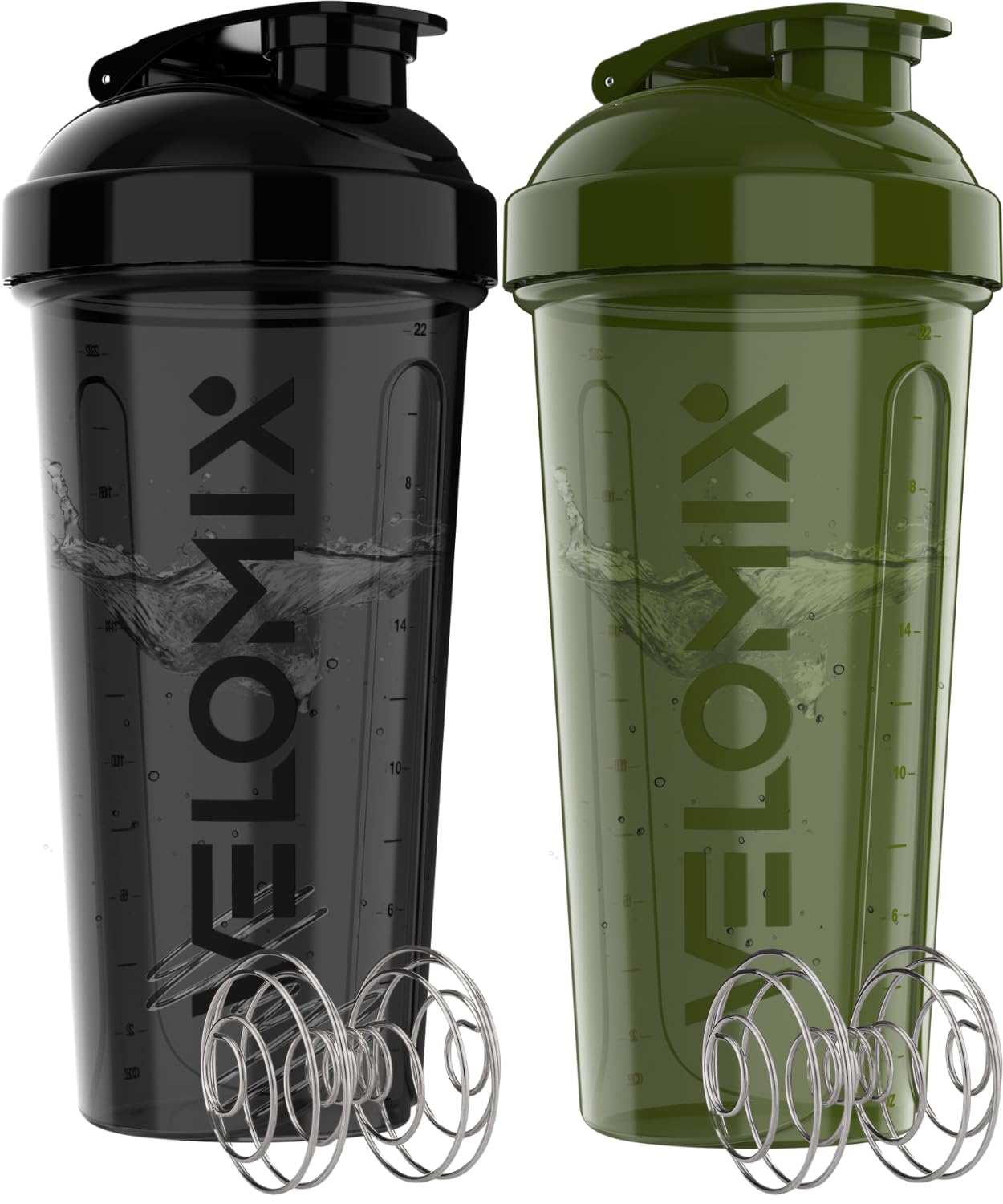 VELOMIX 2 Pack 28oz Protein Shaker Bottle for Protein Mixes, Black/Transpar | 2x Wire Whisk, Leak Proof Shaker Cups for Protein Shakes, Stackable, Dishwasher safe, BPA free, Pre Workout and Fitness ready