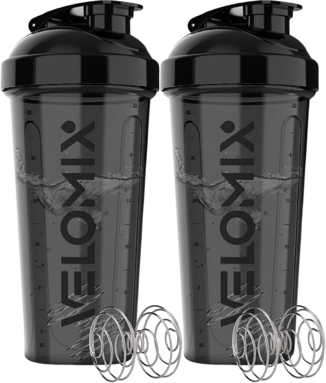 VELOMIX 2 Pack 28oz Protein Shaker Bottle for Protein Mixes, Black/Transpar | 2x Wire Whisk, Leak Proof Shaker Cups for Protein Shakes, Stackable, Dishwasher safe, BPA free, Pre Workout and Fitness ready