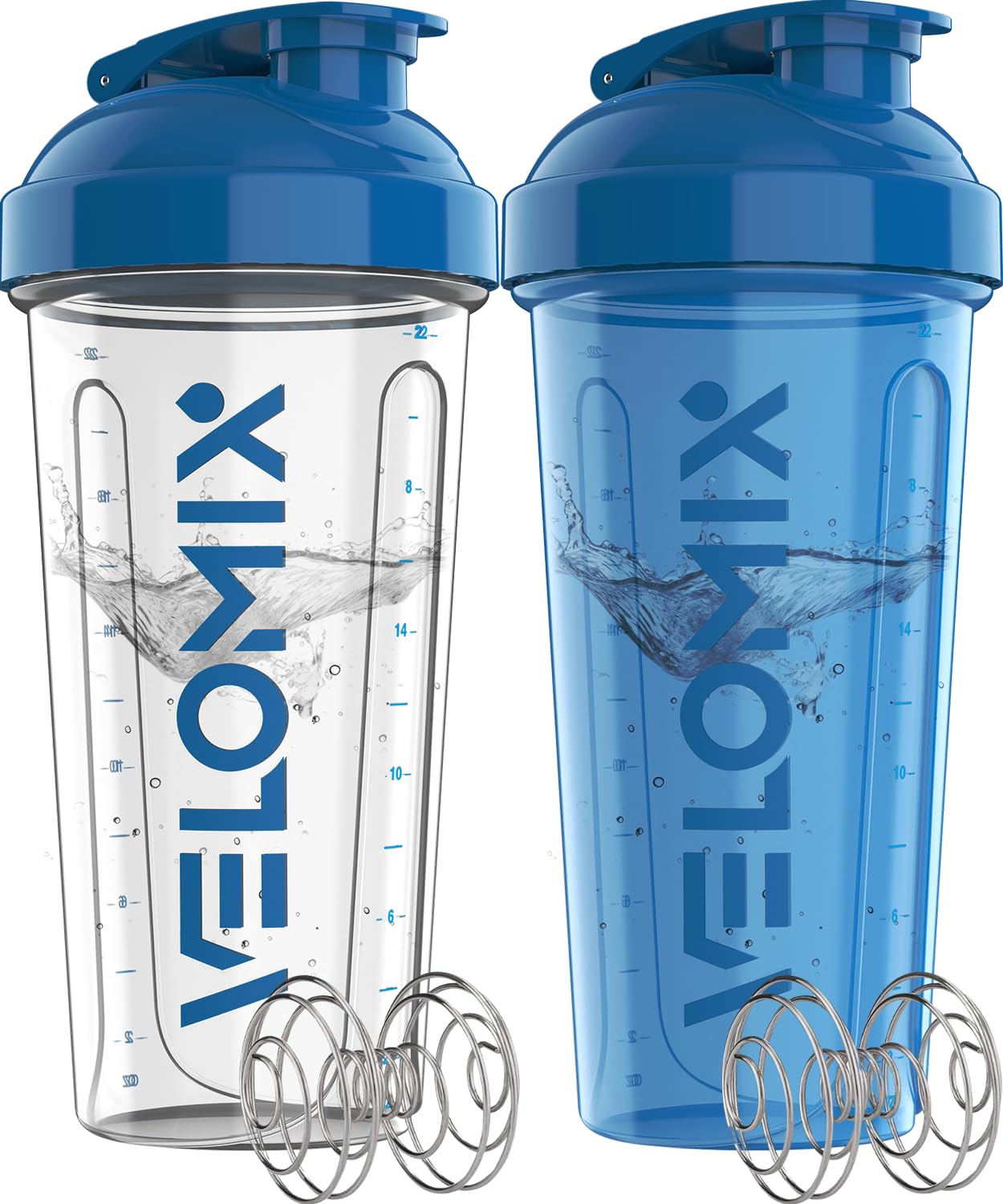 VELOMIX 2 Pack 28oz Protein Shaker Bottle for Protein Mixes, Black/Transpar | 2x Wire Whisk, Leak Proof Shaker Cups for Protein Shakes, Stackable, Dishwasher safe, BPA free, Pre Workout and Fitness ready