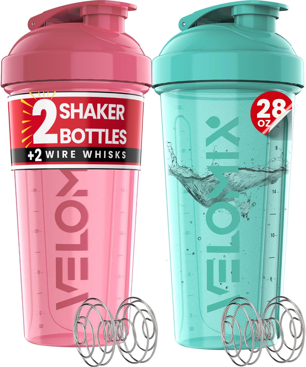 VELOMIX 2 Pack 28oz Protein Shaker Bottle for Protein Mixes, Black/Transpar | 2x Wire Whisk, Leak Proof Shaker Cups for Protein Shakes, Stackable, Dishwasher safe, BPA free, Pre Workout and Fitness ready