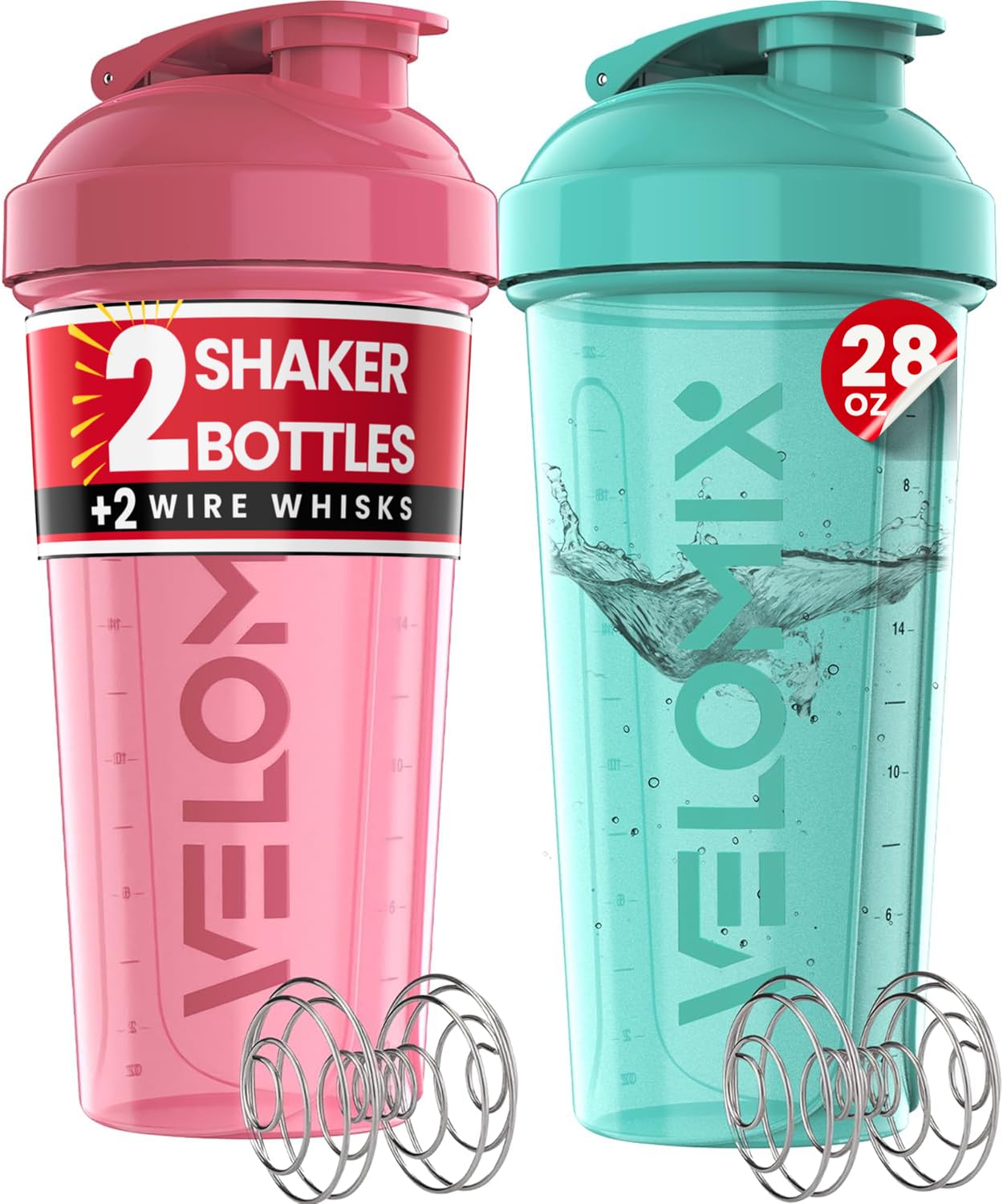 VELOMIX 2 Pack 28oz Protein Shaker Bottle for Protein Mixes, Black/Transpar | 2x Wire Whisk, Leak Proof Shaker Cups for Protein Shakes, Stackable, Dishwasher safe, BPA free, Pre Workout and Fitness ready