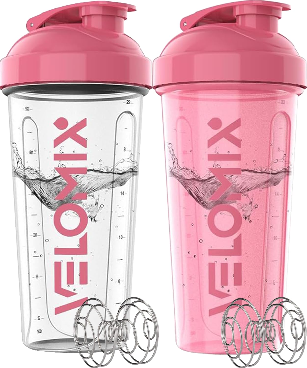 VELOMIX 2 Pack 28oz Protein Shaker Bottle for Protein Mixes, Black/Transpar | 2x Wire Whisk, Leak Proof Shaker Cups for Protein Shakes, Stackable, Dishwasher safe, BPA free, Pre Workout and Fitness ready