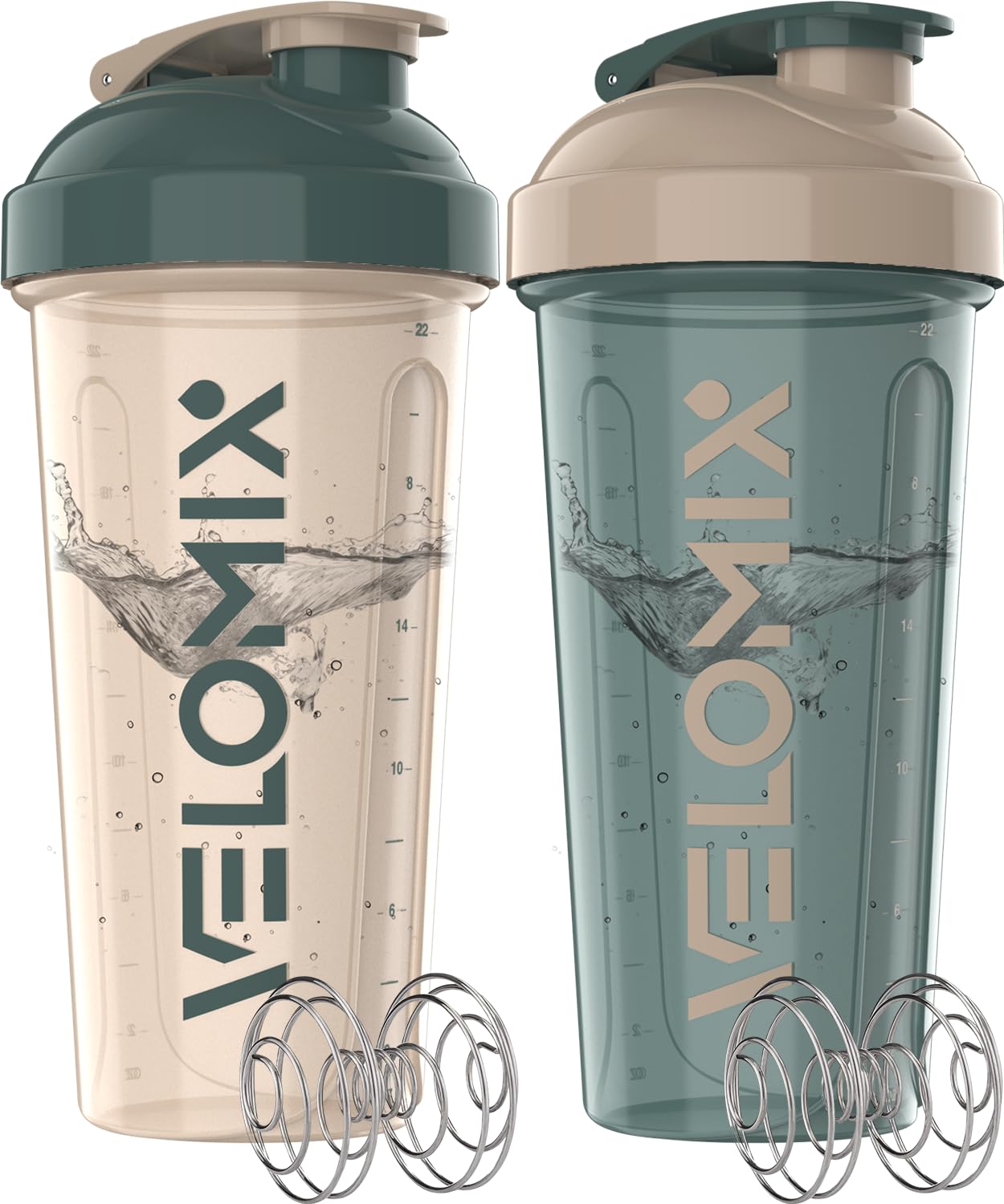 VELOMIX 2 Pack 28oz Protein Shaker Bottle for Protein Mixes, Black/Transpar | 2x Wire Whisk, Leak Proof Shaker Cups for Protein Shakes, Stackable, Dishwasher safe, BPA free, Pre Workout and Fitness ready