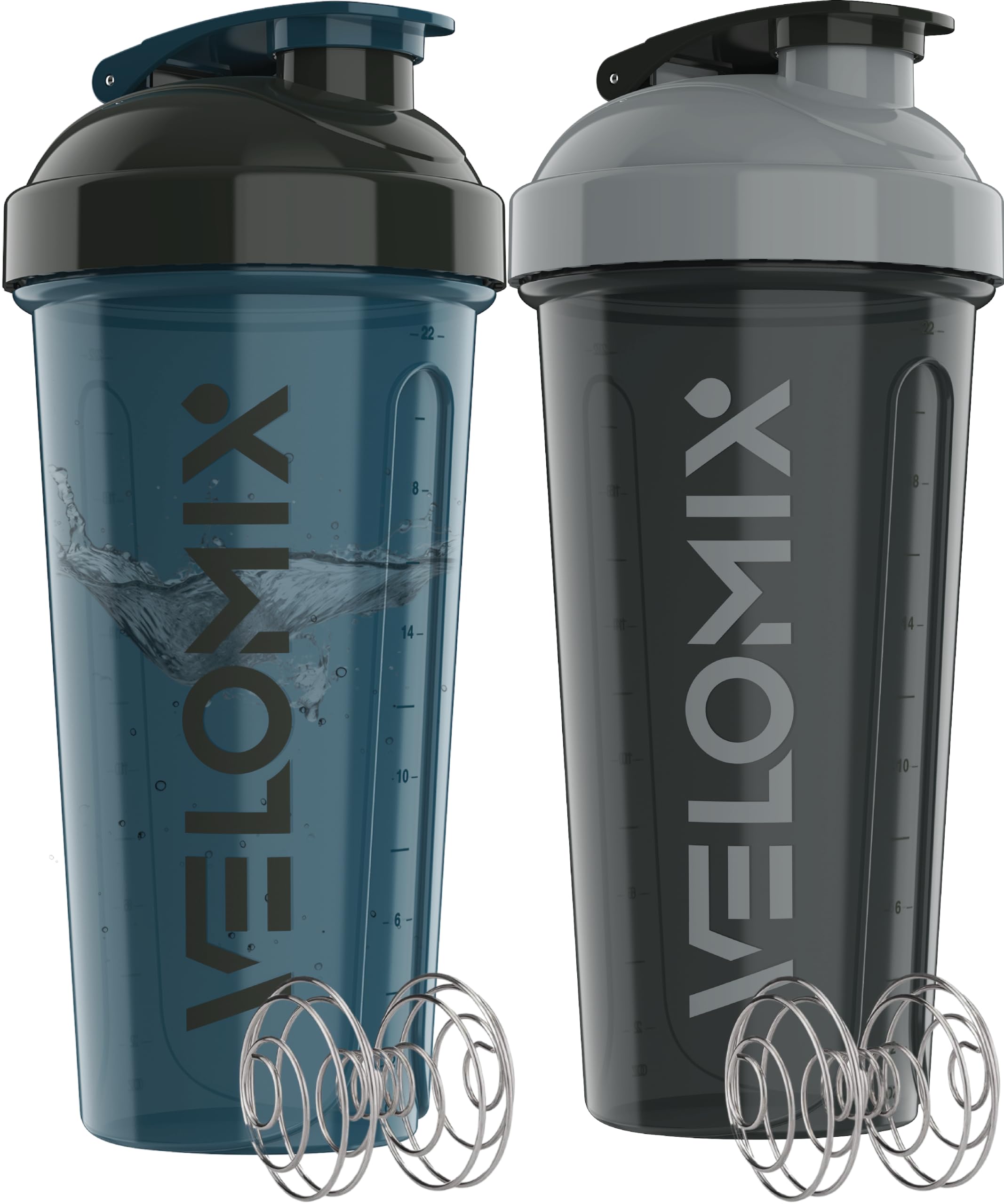 VELOMIX 2 Pack 28oz Protein Shaker Bottle for Protein Mixes, Black/Transpar | 2x Wire Whisk, Leak Proof Shaker Cups for Protein Shakes, Stackable, Dishwasher safe, BPA free, Pre Workout and Fitness ready