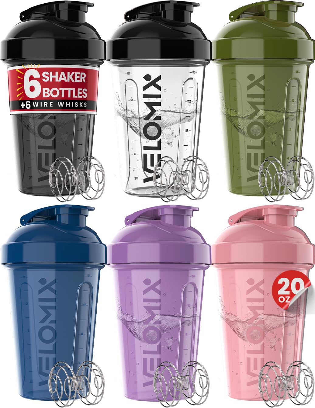VELOMIX 6 Pack 20oz Protein Shaker Bottle for Protein Mixes, All in Black | 6x Wire Whisk, Leak Proof Shaker Cups for Protein Shakes, Stackable, Dishwasher safe, BPA free, Gym and Travel use