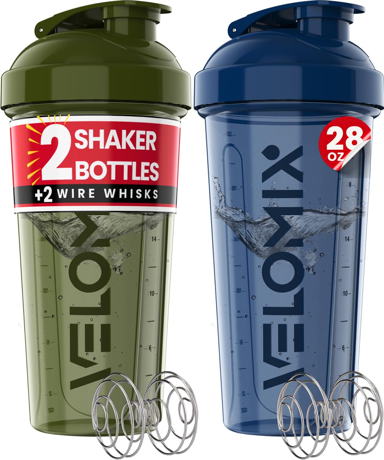 VELOMIX 2 Pack 28oz Protein Shaker Bottle for Protein Mixes, Black/Transpar | 2x Wire Whisk, Leak Proof Shaker Cups for Protein Shakes, Stackable, Dishwasher safe, BPA free, Pre Workout and Fitness ready