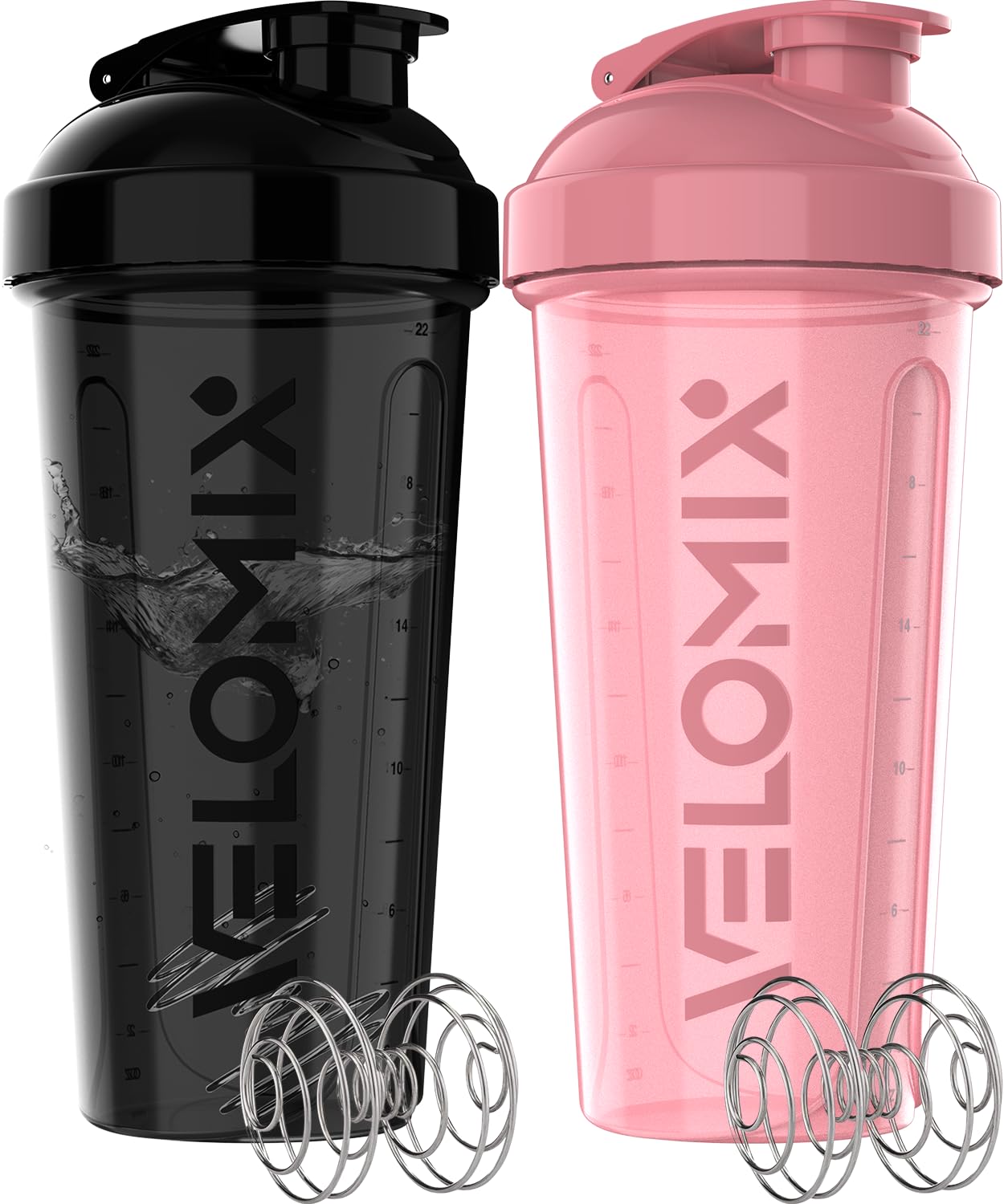 VELOMIX 2 Pack 28oz Protein Shaker Bottle for Protein Mixes, Black/Transpar | 2x Wire Whisk, Leak Proof Shaker Cups for Protein Shakes, Stackable, Dishwasher safe, BPA free, Pre Workout and Fitness ready