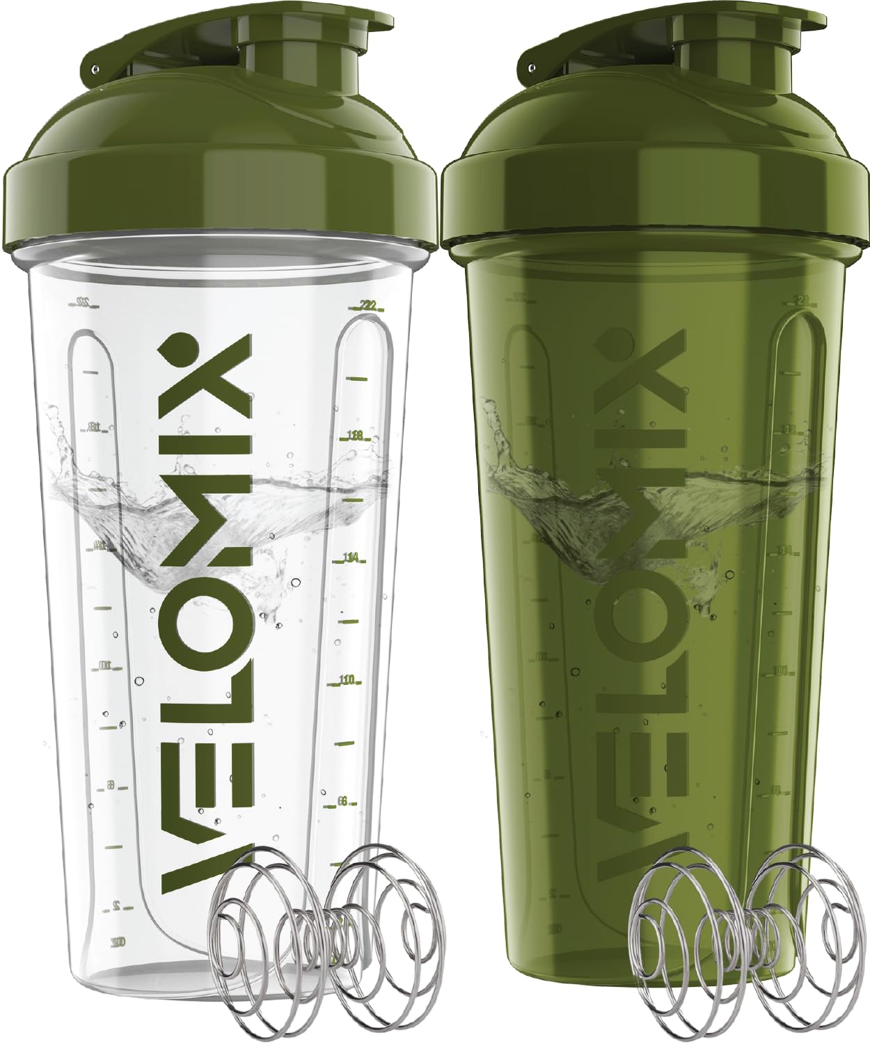 VELOMIX 2 Pack 28oz Protein Shaker Bottle for Protein Mixes, Black/Transpar | 2x Wire Whisk, Leak Proof Shaker Cups for Protein Shakes, Stackable, Dishwasher safe, BPA free, Pre Workout and Fitness ready