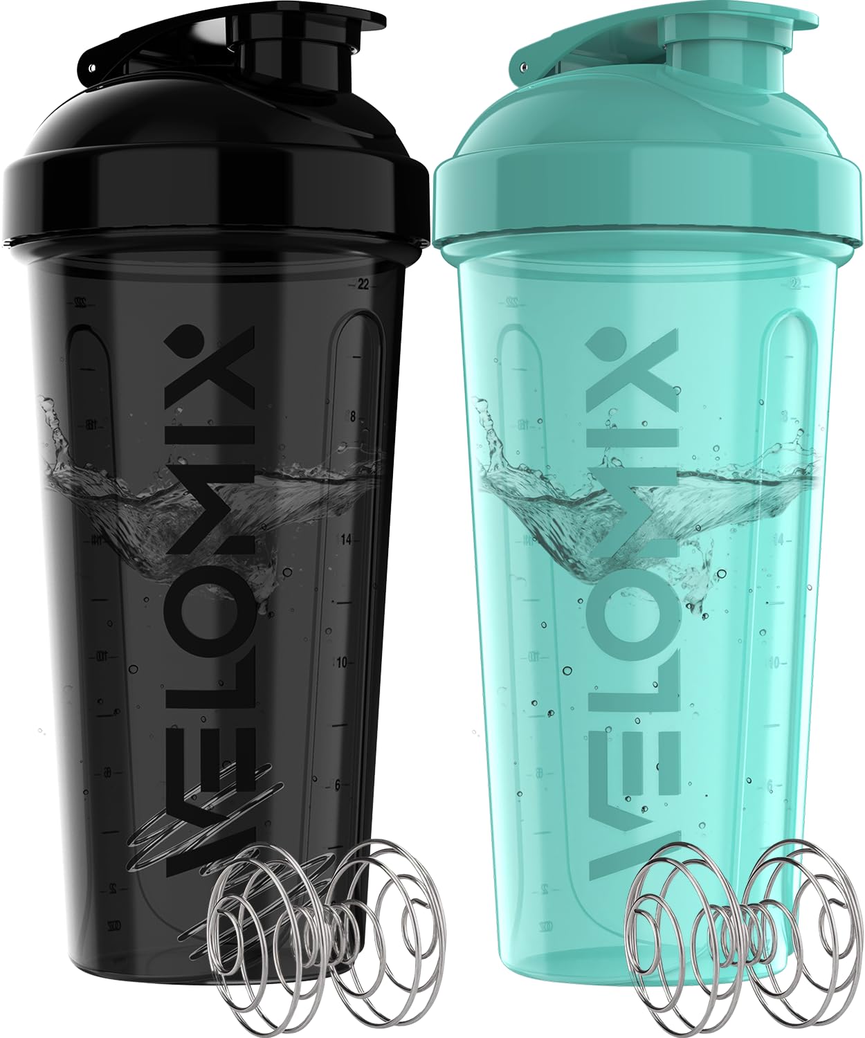 VELOMIX 2 Pack 28oz Protein Shaker Bottle for Protein Mixes, Black/Transpar | 2x Wire Whisk, Leak Proof Shaker Cups for Protein Shakes, Stackable, Dishwasher safe, BPA free, Pre Workout and Fitness ready