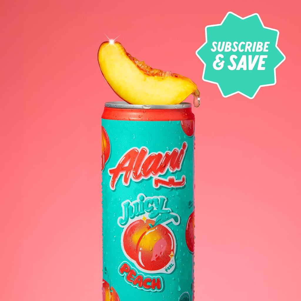 Alani Nu JUICY PEACH, Sugar Free, Low Calorie Energy Drinks, 200mg Caffeine, Biotin, B Vitamins, Zero Sugar, 10 Calories, 12 Fl Oz Cans, 24 Pack