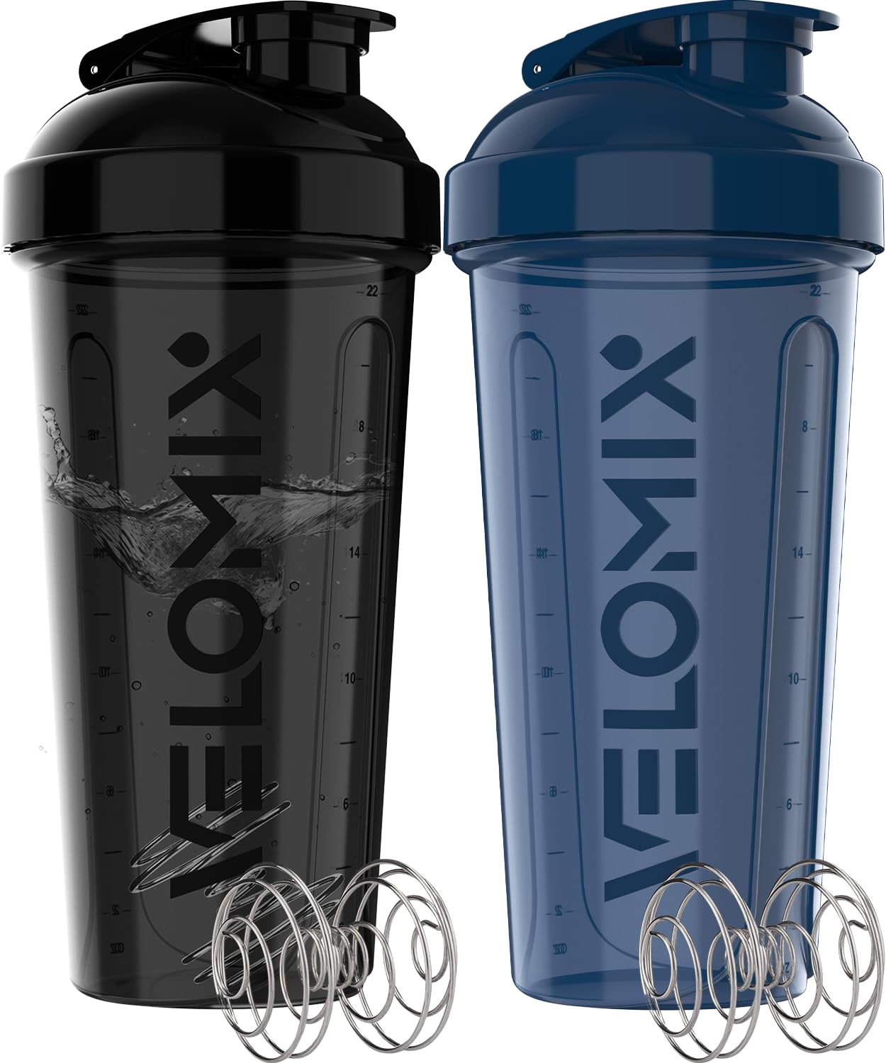 VELOMIX 2 Pack 28oz Protein Shaker Bottle for Protein Mixes, Black/Transpar | 2x Wire Whisk, Leak Proof Shaker Cups for Protein Shakes, Stackable, Dishwasher safe, BPA free, Pre Workout and Fitness ready