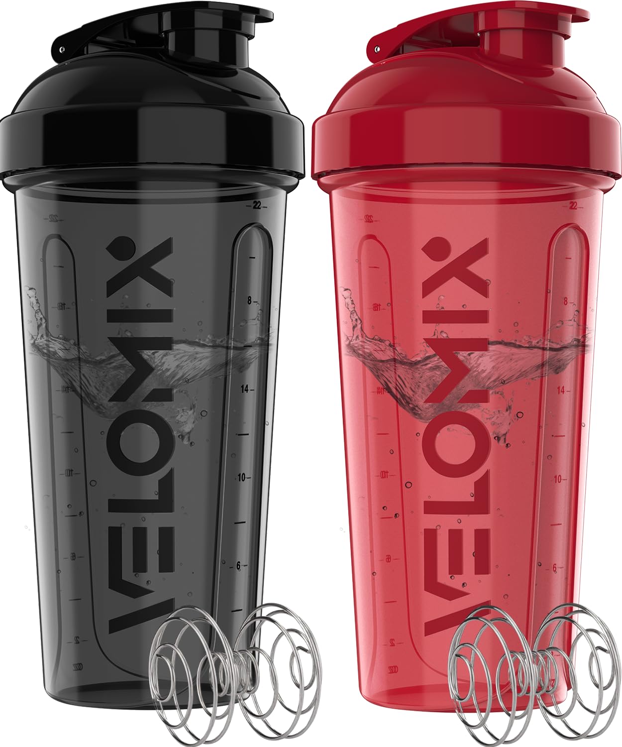 VELOMIX 2 Pack 28oz Protein Shaker Bottle for Protein Mixes, Black/Transpar | 2x Wire Whisk, Leak Proof Shaker Cups for Protein Shakes, Stackable, Dishwasher safe, BPA free, Pre Workout and Fitness ready