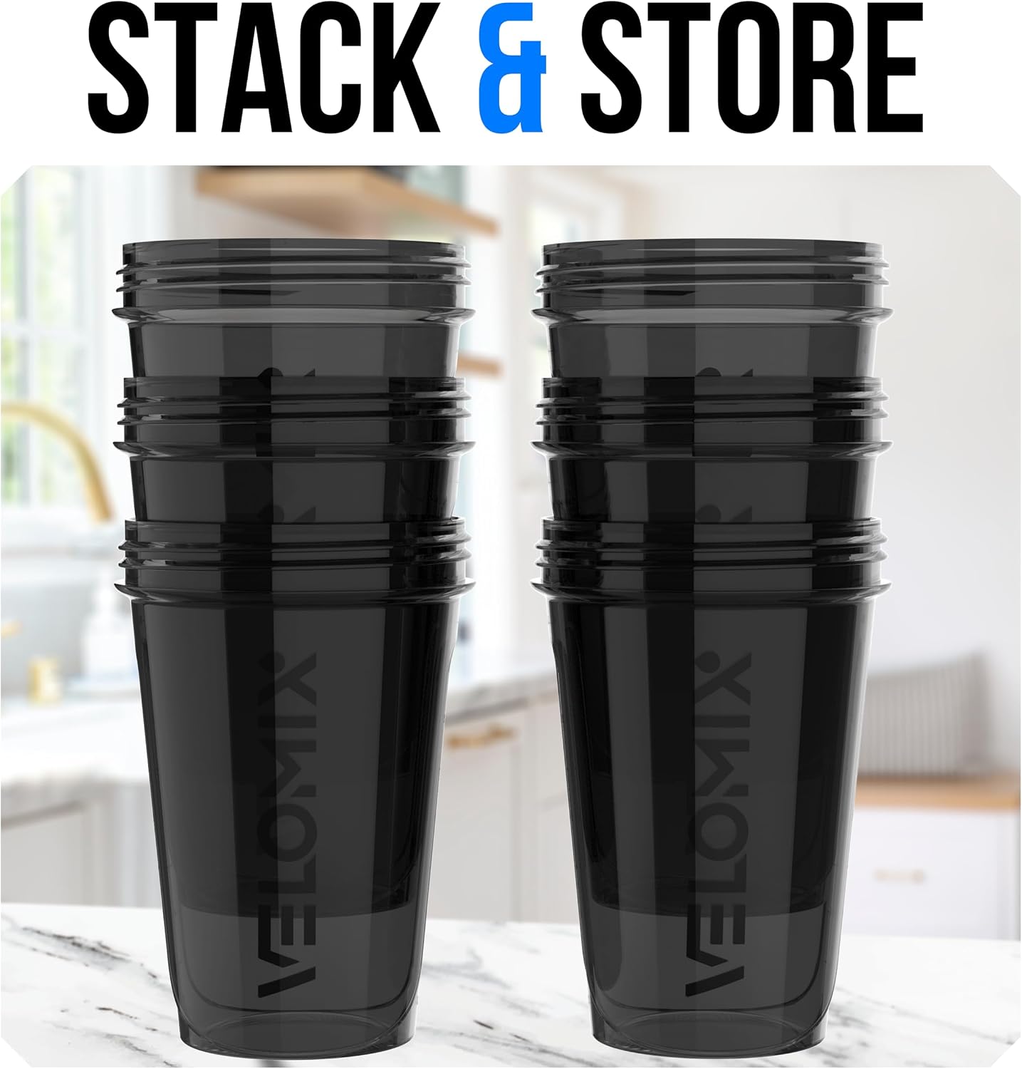 VELOMIX 6 Pack 20oz Protein Shaker Bottle for Protein Mixes, All in Black | 6x Wire Whisk, Leak Proof Shaker Cups for Protein Shakes, Stackable, Dishwasher safe, BPA free, Gym and Travel use