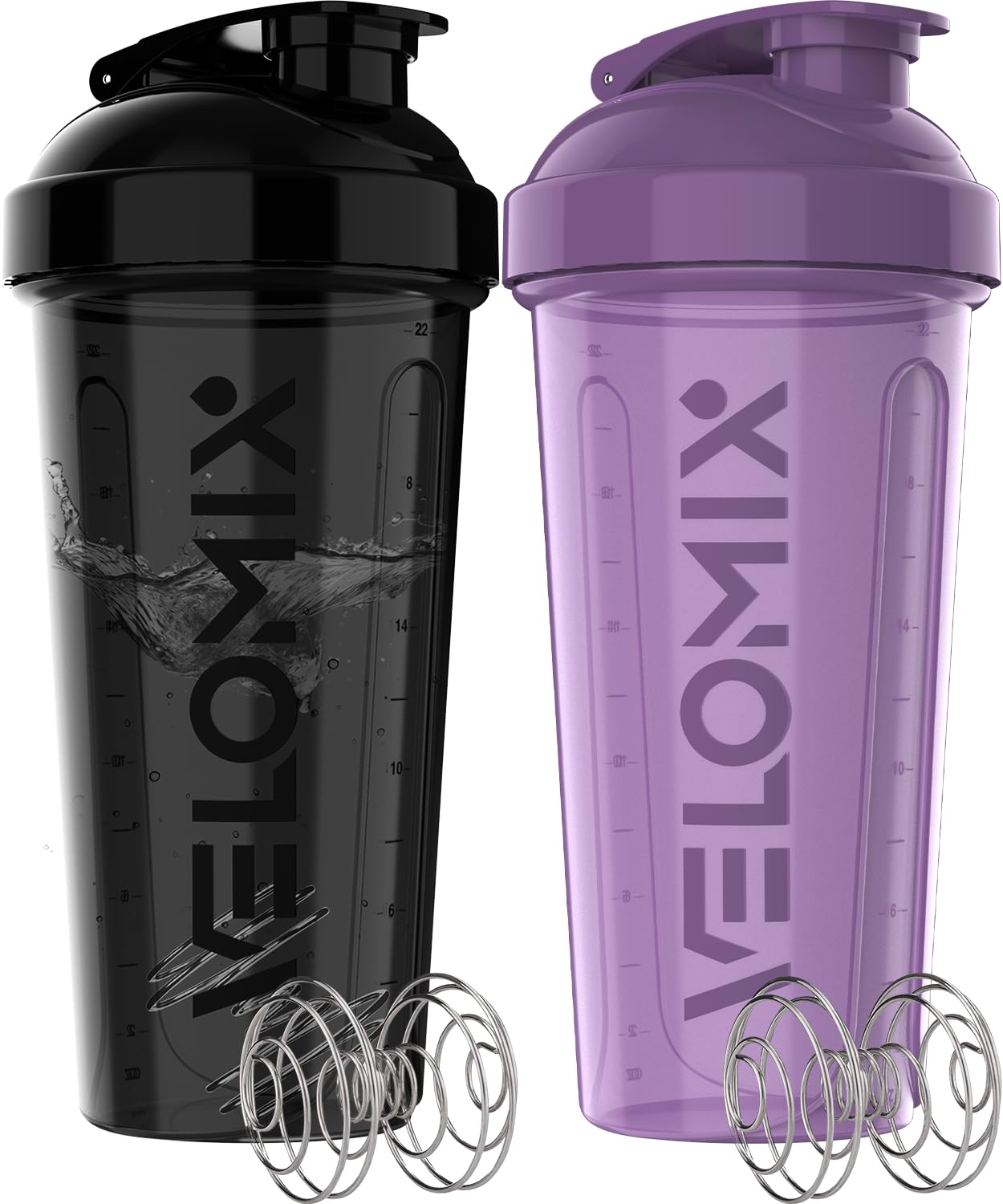 VELOMIX 2 Pack 28oz Protein Shaker Bottle for Protein Mixes, Black/Transpar | 2x Wire Whisk, Leak Proof Shaker Cups for Protein Shakes, Stackable, Dishwasher safe, BPA free, Pre Workout and Fitness ready