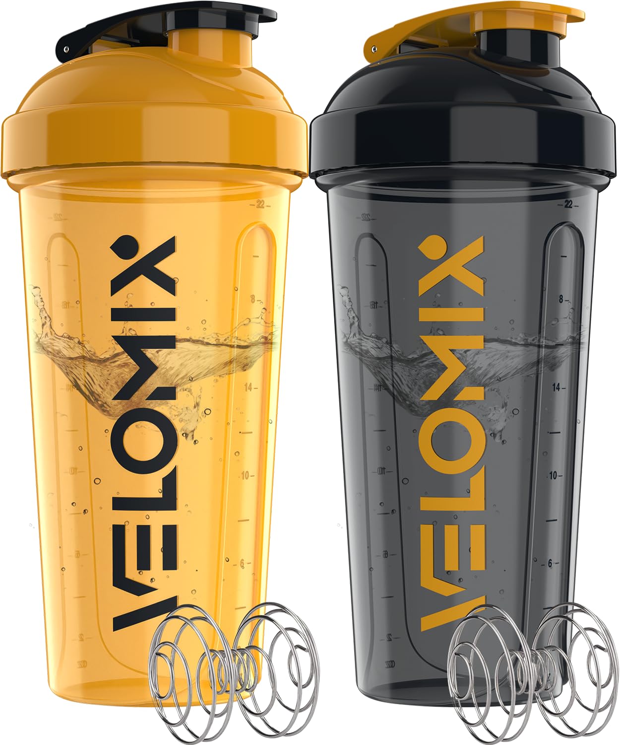 VELOMIX 2 Pack 28oz Protein Shaker Bottle for Protein Mixes, Black/Transpar | 2x Wire Whisk, Leak Proof Shaker Cups for Protein Shakes, Stackable, Dishwasher safe, BPA free, Pre Workout and Fitness ready