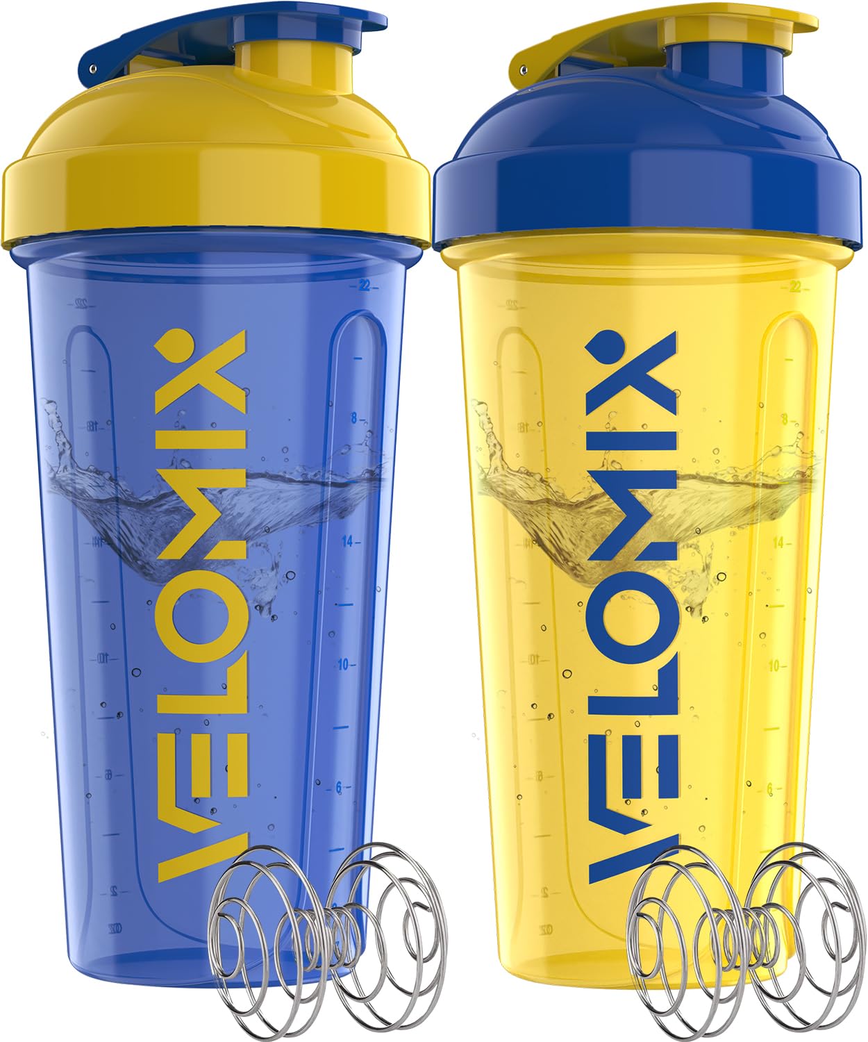 VELOMIX 2 Pack 28oz Protein Shaker Bottle for Protein Mixes, Black/Transpar | 2x Wire Whisk, Leak Proof Shaker Cups for Protein Shakes, Stackable, Dishwasher safe, BPA free, Pre Workout and Fitness ready