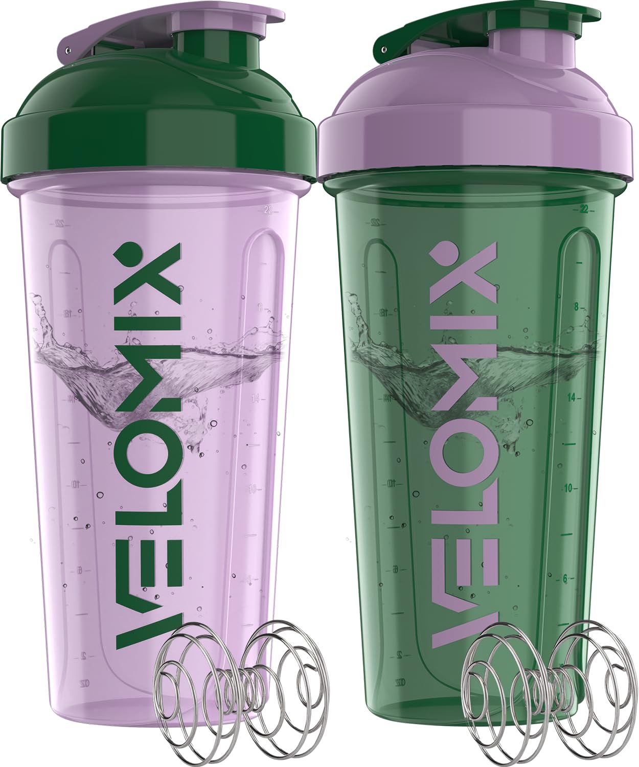 VELOMIX 2 Pack 28oz Protein Shaker Bottle for Protein Mixes, Black/Transpar | 2x Wire Whisk, Leak Proof Shaker Cups for Protein Shakes, Stackable, Dishwasher safe, BPA free, Pre Workout and Fitness ready