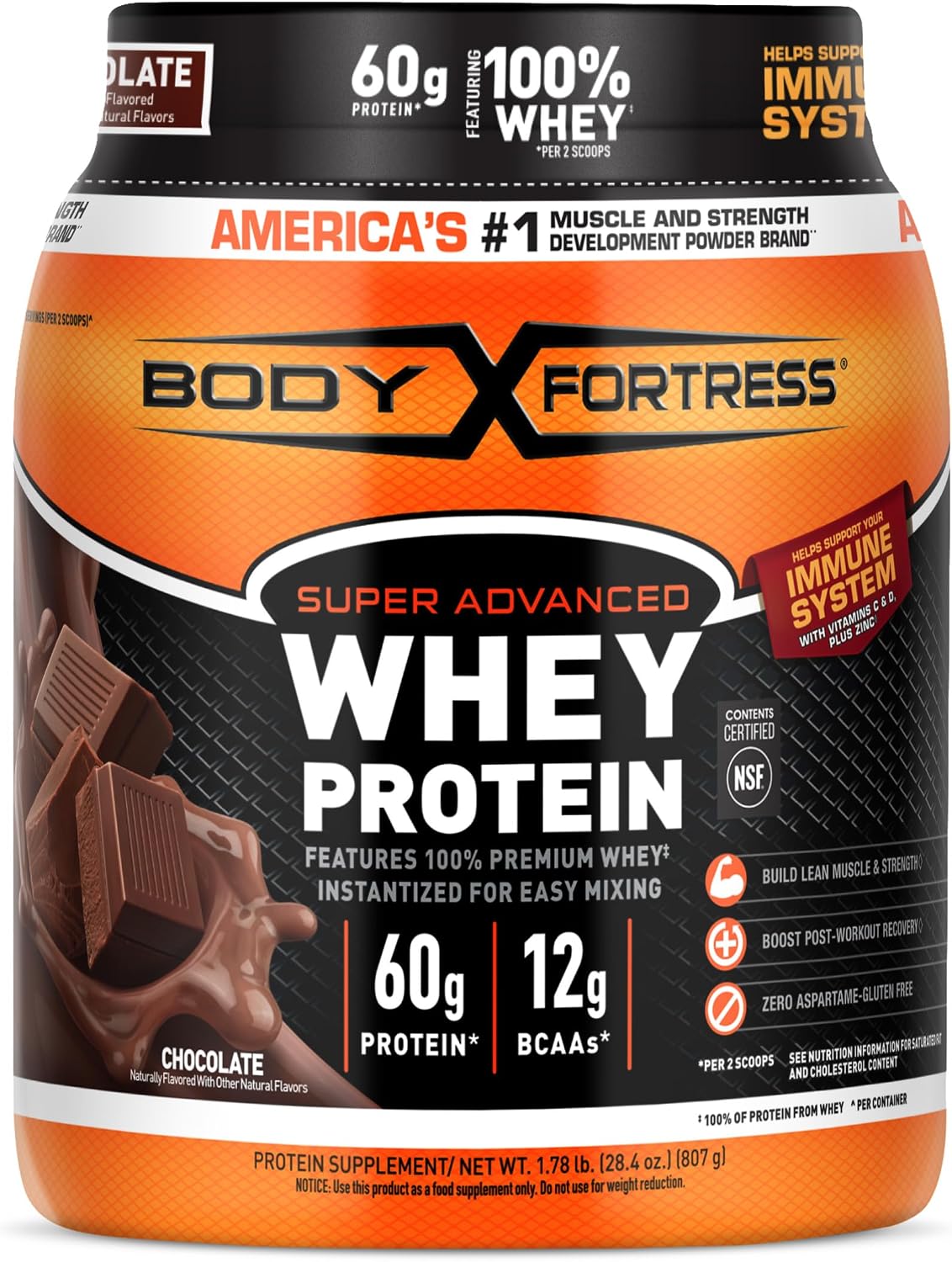 Body Fortress Super Advanced Whey Protein, Chocolate, 1.78 lbs | Flavor: Chocolate, Immune Support, Muscle and Strength Development