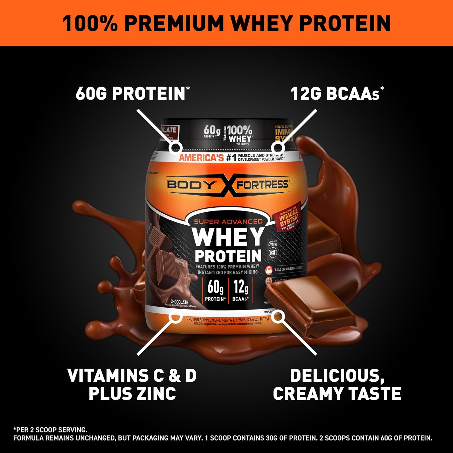 Body Fortress Super Advanced Whey Protein, Chocolate, 1.78 lbs | Flavor: Chocolate, Immune Support, Muscle and Strength Development