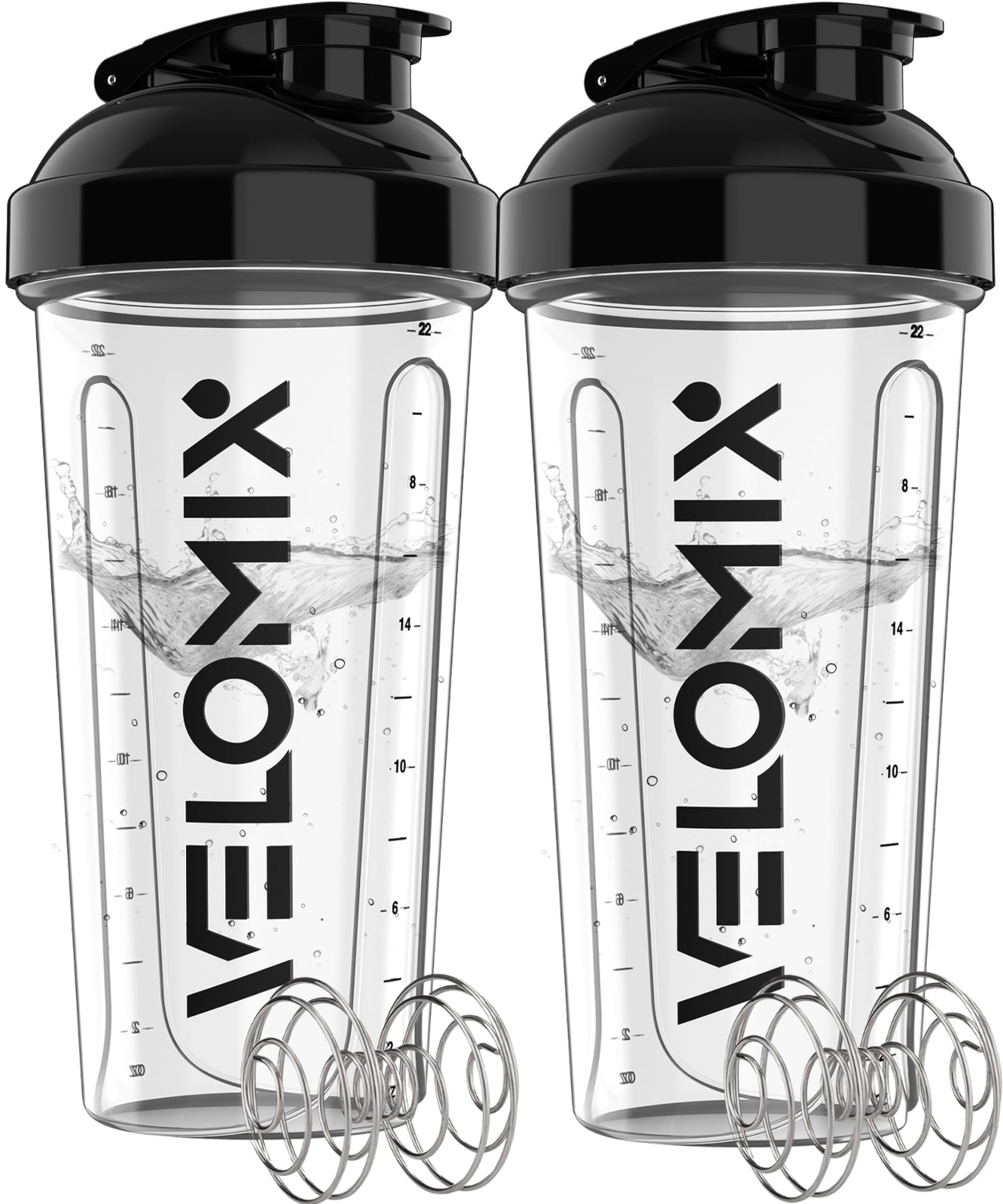 VELOMIX 2 Pack 28oz Protein Shaker Bottle for Protein Mixes, Black/Transpar | 2x Wire Whisk, Leak Proof Shaker Cups for Protein Shakes, Stackable, Dishwasher safe, BPA free, Pre Workout and Fitness ready