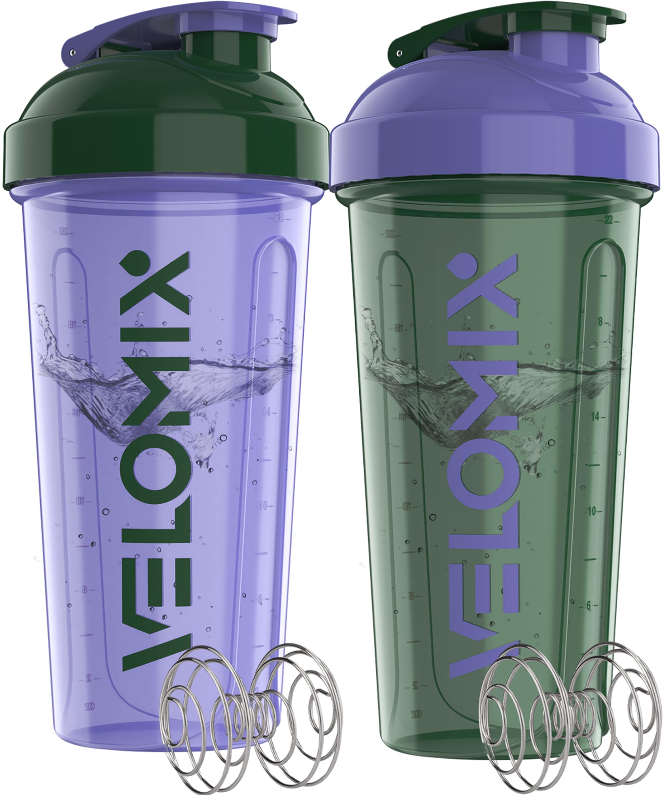 VELOMIX 2 Pack 28oz Protein Shaker Bottle for Protein Mixes, Black/Transpar | 2x Wire Whisk, Leak Proof Shaker Cups for Protein Shakes, Stackable, Dishwasher safe, BPA free, Pre Workout and Fitness ready