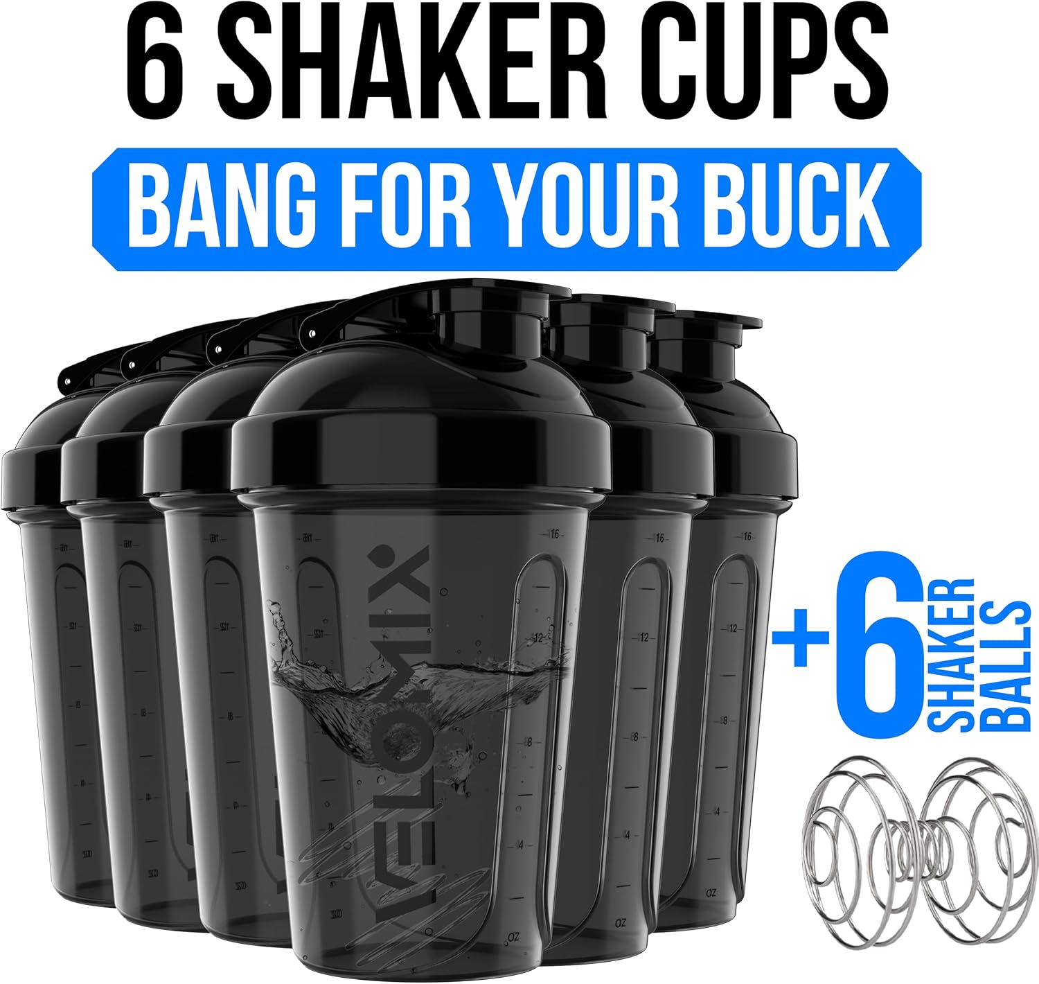VELOMIX 6 Pack 20oz Protein Shaker Bottle for Protein Mixes, All in Black | 6x Wire Whisk, Leak Proof Shaker Cups for Protein Shakes, Stackable, Dishwasher safe, BPA free, Gym and Travel use