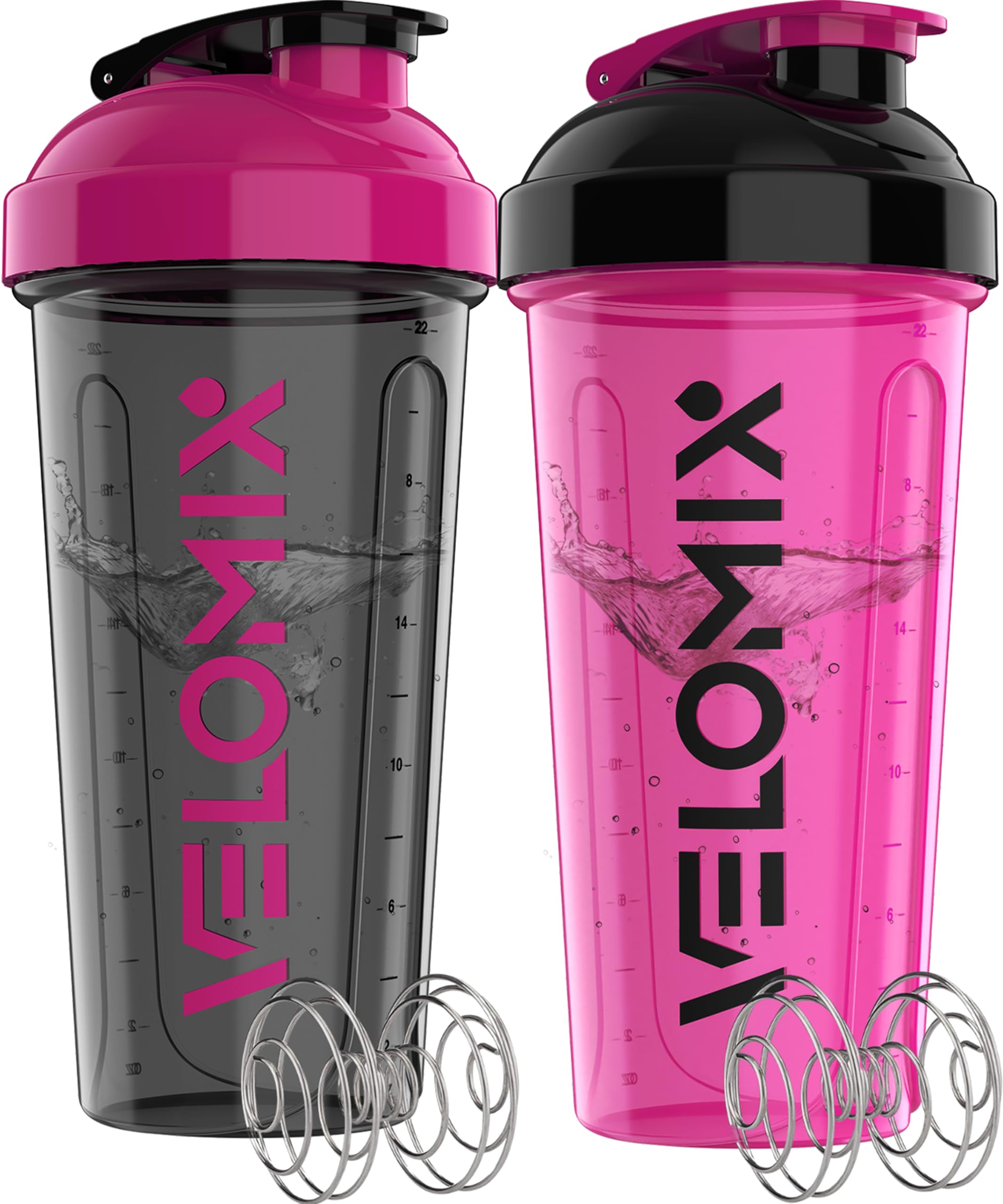 VELOMIX 2 Pack 28oz Protein Shaker Bottle for Protein Mixes, Black/Transpar | 2x Wire Whisk, Leak Proof Shaker Cups for Protein Shakes, Stackable, Dishwasher safe, BPA free, Pre Workout and Fitness ready