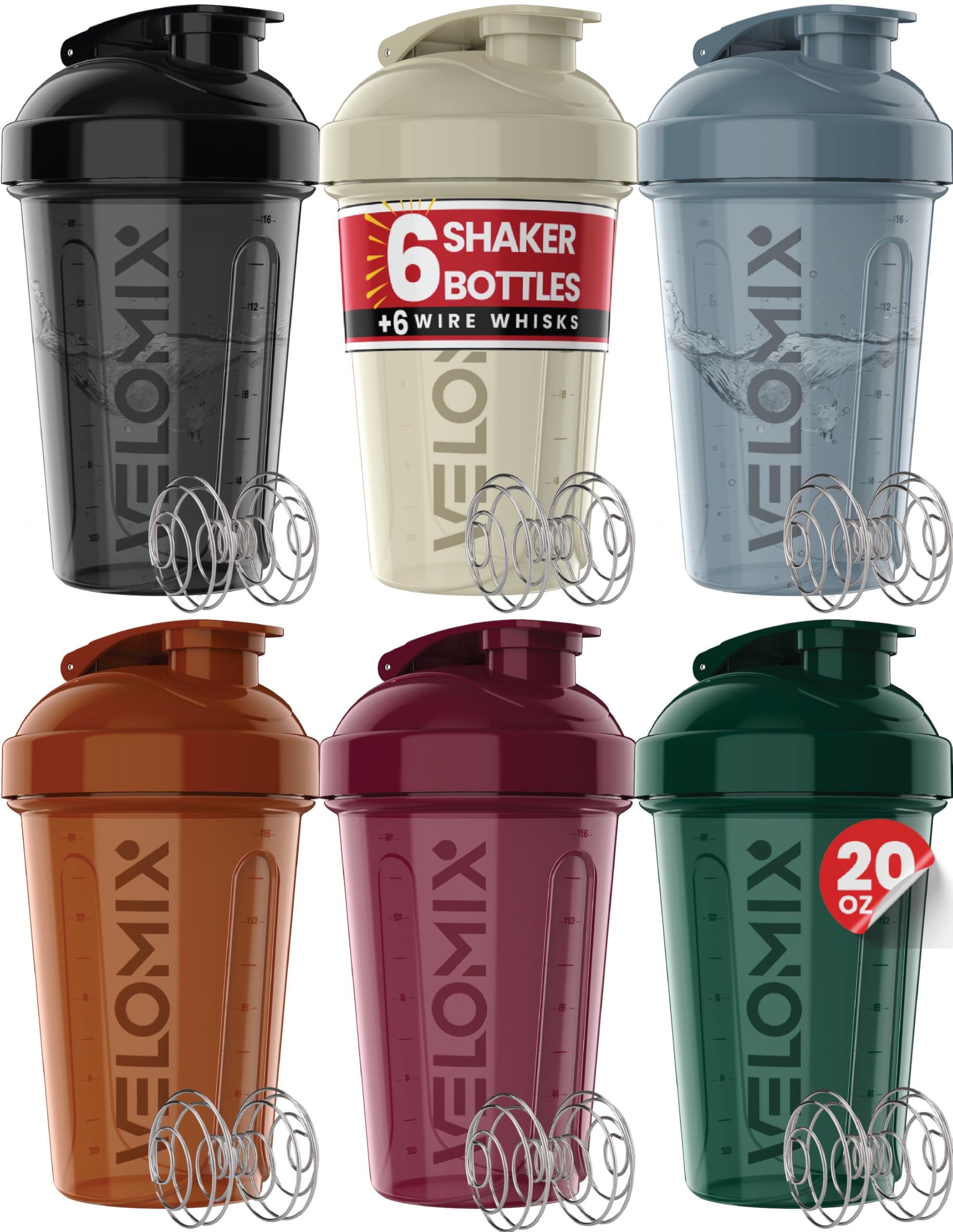 VELOMIX 6 Pack 20oz Protein Shaker Bottle for Protein Mixes, All in Black | 6x Wire Whisk, Leak Proof Shaker Cups for Protein Shakes, Stackable, Dishwasher safe, BPA free, Gym and Travel use