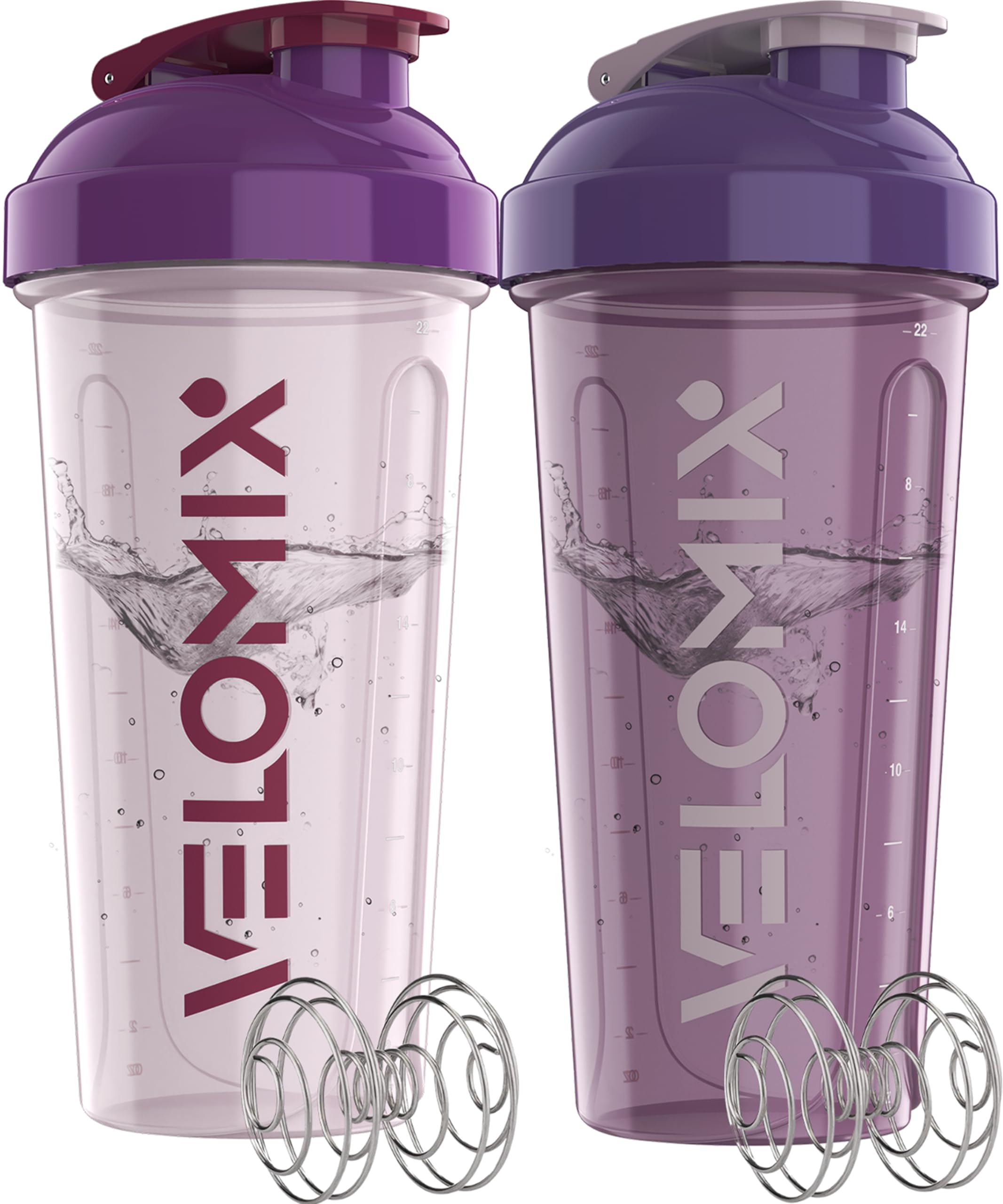 VELOMIX 2 Pack 28oz Protein Shaker Bottle for Protein Mixes, Black/Transpar | 2x Wire Whisk, Leak Proof Shaker Cups for Protein Shakes, Stackable, Dishwasher safe, BPA free, Pre Workout and Fitness ready