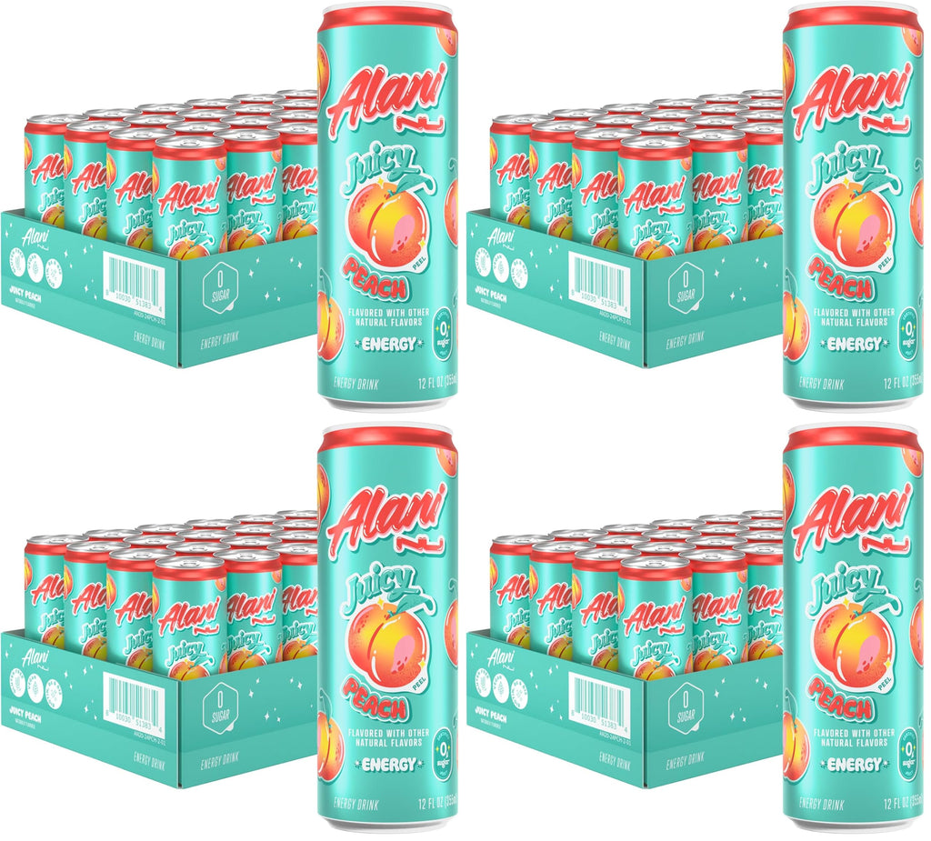 Alani Nu JUICY PEACH, Sugar Free, Low Calorie Energy Drinks, 200mg Caffeine, Biotin, B Vitamins, Zero Sugar, 10 Calories, 12 Fl Oz Cans, 24 Pack